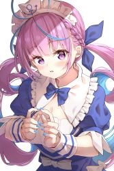 Rule 34 | 1girl, absurdres, ahoge, anchor symbol, blue hair, blue nails, blush, braid, breasts, cleavage, colored inner hair, darjeeling (reley), dress, fingers together, hair ribbon, highres, hololive, index fingers together, long hair, looking at viewer, maid, maid headdress, medium breasts, minato aqua, minato aqua (1st costume), multicolored hair, nail polish, open mouth, purple eyes, purple hair, ribbon, simple background, smile, solo, twintails, two-tone hair, upper body, virtual youtuber, white background, wrist cuffs