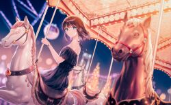 Rule 34 | 1girl, bare shoulders, blue dress, blue eyes, blue sky, blurry, blurry background, blurry foreground, brown hair, carousel, character request, clear sky, closed mouth, commentary request, copyright request, depth of field, dress, feet out of frame, full moon, highres, hiten (hitenkei), holding, horse, light, looking away, moon, night, night sky, off-shoulder dress, off shoulder, outdoors, short hair, sidelocks, sitting, sky, smile, solo, watch, wristwatch