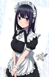 Rule 34 | 1girl, apron, artist name, black eyes, black hair, black ribbon, blush, closed mouth, collared dress, commentary, dress, flying sweatdrops, frilled dress, frills, highres, light smile, looking at viewer, maid, maid apron, maid headdress, makicha (sasurainopink), medium hair, neck ribbon, original, puffy short sleeves, puffy sleeves, ribbon, short dress, short sleeves, signature, solo, standing, v arms, white apron, wrist cuffs