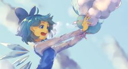 Rule 34 | 1girl, :d, ahoge, arched back, bad id, bad pixiv id, blue bow, blue dress, blue eyes, blue hair, blurry, bow, breasts, breath, chishibuki hiyoko, cirno, cloud, colored skin, commentary request, creatures (company), crossover, day, depth of field, dress, game freak, gen 3 pokemon, hair bow, holding, holding pokemon, ice, ice wings, long sleeves, looking at animal, nintendo, open mouth, outdoors, outstretched arms, pinafore dress, pokemon, pokemon (creature), shirt, short hair, sky, sleeveless dress, small breasts, smile, swablu, tagme, teeth, touhou, upper body, white shirt, wing collar, wings, yellow skin
