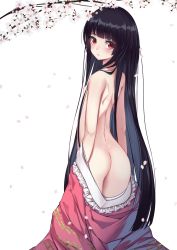 Rule 34 | 1girl, ass, black hair, blunt bangs, blush, branch, cherry blossoms, commentary, cowboy shot, dress, flat chest, frilled shirt collar, frills, from behind, houraisan kaguya, long hair, looking at viewer, looking back, momendoufu, nipples, no panties, nude, parted lips, partially undressed, petals, pink dress, red eyes, revision, simple background, solo, standing, touhou, very long hair, white background