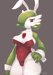 Rule 34 | 1girl, animal ears, bare shoulders, black background, breasts, cameltoe, cleavage, closed mouth, collar, collarbone, covered navel, cowboy shot, creatures (company), fake animal ears, fishnet pantyhose, fishnets, game freak, gardevoir, gen 3 pokemon, green hair, hair over one eye, hand on own hip, highres, large breasts, leotard, nintendo, no humans, pantyhose, playboy bunny, pokemon, pokemon (creature), rabbit ears, red eyes, short hair, simple background, solo, wrist cuffs, yeti (mu kaiten)