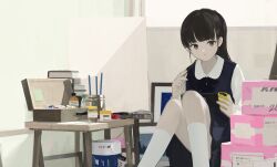 Rule 34 | 1girl, absurdres, black bow, black bowtie, black eyes, black hair, blue dress, bow, bowtie, comitia 143, commentary request, dress, food, half updo, highres, kneehighs, long hair, looking at viewer, nintendo switch, original, orval, paint can, painting (object), parted lips, pinafore dress, pocky, school uniform, sitting, sleeveless, sleeveless dress, socks, solo, white socks