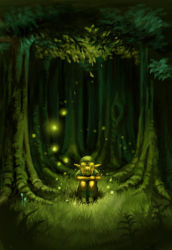 Rule 34 | 1boy, blonde hair, bug, firefly, forest, bug, link, male focus, nature, nintendo, sitting, solo, the legend of zelda, tree, tubumi, young link