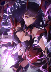 Rule 34 | 1girl, armor, bare shoulders, breasts, cleavage, expressionless, floating hair, gloves, highres, holding, honkai (series), honkai impact 3rd, horns, katana, large breasts, lightning, long hair, looking at viewer, oni horns, open mouth, purple eyes, purple hair, raiden mei, raiden mei (herrscher of thunder), solo, sword, symbol-shaped pupils, thighhighs, very long hair, weapon, xfate