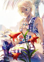 Rule 34 | 1boy, armor, belt, blonde hair, blue eyes, boots, final fantasy, final fantasy xii, flower, gem, gloves, highres, looking at viewer, male focus, miyama (lacrima01), muscular, muscular male, outdoors, pectoral cleavage, pectorals, sand, short hair, signature, sitting, sleeveless, smile, tree, vaan (ff12), vest
