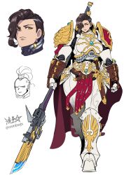 Rule 34 | 1girl, adeptus custodes, alternate hairstyle, armor, belt, breastplate, breasts, brown hair, cape, chest jewel, clenched hand, closed mouth, full armor, gauntlets, gem, gold trim, greaves, guardian spear, gun, hair over one eye, halberd, highres, holding, holding gun, holding polearm, holding weapon, huge weapon, imperial aquila, imperium of man, large breasts, looking to the side, multiple belts, multiple views, open mouth, pauldrons, pelvic curtain, polearm, power armor, red cape, ryuusei (mark ii), sheath, sheathed, short hair, shoulder armor, signature, solo, undercut, warhammer 40k, weapon, white armor, white background, wide hips, yellow eyes