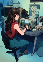 Rule 34 | 1980s (style), 1girl, absurdres, aheahead, amane natsuko, ashtray, belt, black eyes, black hair, bright pupils, calendar, chair, cigarette, computer, crt, desk, drawing, female focus, file cabinet, high-waist pants, highres, indie virtual youtuber, lighter, long hair, monitor, office chair, official art, oldschool, pants, red shirt, retro artstyle, shirt, shirt tucked in, sitting, sleeveless, slippers, smoke, smoking, solo, stylus, swivel chair, touchscreen, virtual youtuber, white pupils