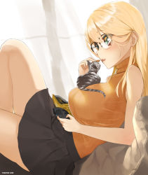 Rule 34 | 1girl, aqua eyes, ass, bare shoulders, blonde hair, blush, cat, chips (food), controller, curtains, dualshock, eating, food, game controller, gamepad, glasses, highres, indoors, long hair, miniskirt, original, parted lips, playstation controller, pleated skirt, sitting, skirt, solo, tail, throtem, turtleneck, wind, window