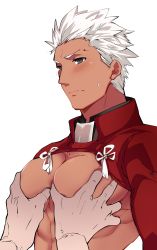 Rule 34 | 2boys, absurdres, archer (fate), bara, bare pectorals, blush, brown eyes, dark-skinned male, dark skin, fate/stay night, fate (series), grabbing, groping, highres, interracial, kivo some 18 (voice actor), large pectorals, male focus, multiple boys, muscular, muscular male, no shirt, pectoral focus, pectoral grab, pectorals, short hair, shrug (clothing), sideburns, solo focus, sweatdrop, upper body, white background, white hair, yaoi