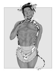 Rule 34 | 1boy, abs, animal ears, animal print, apron, black hair, blush, border, bulge, commentary, cow boy, cow ears, cow horns, cow print, cow tail, creatures (company), dark-skinned male, dark skin, ear tag, earrings, game freak, greyscale, half-closed eyes, halterneck, hand up, head tilt, highres, horns, jewelry, looking at viewer, male focus, mama garr, monochrome, nintendo, nipples, open mouth, pokemon, pokemon swsh, raihan (pokemon), revealing clothes, see-through, shiny skin, smile, solo, symbol-only commentary, tail, teeth, tongue, waist apron, white border