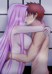 Rule 34 | 1boy, 1girl, absurdres, arms around waist, breasts, emiya shirou, closed eyes, face-to-face, fate/stay night, fate (series), french kiss, hetero, highres, imminent penetration, kiss, large breasts, long hair, medusa (fate), medusa (rider) (fate), night, nude, out-of-frame censoring, purple hair, red hair, sweat, very long hair, zinfian