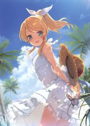 Rule 34 | 1girl, 6u (eternal land), absurdres, ayase eli, bare shoulders, blue sky, blush, bow, bug, butterfly, cloud, coconut, day, dress, earrings, flower, food, frills, fruit, hair bow, hat, hibiscus, highres, holding, insect, jewelry, long hair, looking at viewer, love live!, love live! school idol project, open mouth, outdoors, palm tree, scan, shadow, sky, sleeveless, sleeveless dress, smile, solo, straw hat, sun hat, sunlight, tree, water, water drop, white dress