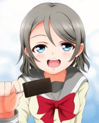 Rule 34 | 1girl, artist name, artist request, blue eyes, blush, bow, bowtie, breasts, brown hair, buttons, collared shirt, detached sleeves, double-breasted, female focus, food, grey hair, holding, holding food, light brown hair, long sleeves, looking at viewer, love live!, love live! sunshine!!, nanashi tetsuya, otonokizaka school uniform, popsicle, popsicle stick, red bow, red bowtie, ribbon, sailor collar, school uniform, shirt, short hair, small breasts, smile, solo, uranohoshi school uniform, watanabe you, white shirt