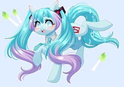 animal animal_focus animalization aqua_hair aqua_necktie blue_eyes clothed_animal commentary cutie_mark english_commentary hair_between_eyes hatsune_miku hatsune_miku_(pony) headset highres hooves kotobukiya_bishoujo long_hair looking_at_viewer multicolored_hair my_little_pony my_little_pony:_friendship_is_magic necktie no_humans ohhoneybee open_mouth pink_hair pony_(animal) solo spring_onion tail twintails very_long_hair vocaloid