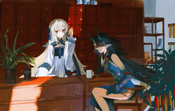 Rule 34 | 2girls, :/, absurdres, arknights, arm support, bead bracelet, beads, black hair, blue bow, blue dress, blue hair, blue skin, bow, bracelet, chair, china dress, chinese clothes, closed mouth, colored skin, cup, desk, dragon horns, dragon tail, dress, dusk (arknights), dusk (everything is a miracle) (arknights), fingernails, grey eyes, hair between eyes, hair bow, hand on own cheek, hand on own face, head rest, highres, horns, indoors, jewelry, long hair, long sleeves, looking at viewer, mug, mulberry (arknights), mulberry (reflection that of the moons) (arknights), multicolored hair, multiple girls, official alternate costume, pe902, plant, pointy ears, potted plant, red eyes, shelf, sitting, sleeveless, sleeveless dress, standing, streaked hair, tail, tassel, vase, very long hair, white dress, white hair