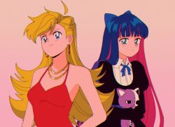 Rule 34 | 1990s (style), 2girls, artist request, blonde hair, blue eyes, blue hair, bow, chromatic aberration, closed mouth, dress, earrings, female focus, hair bow, highres, honekoneko (psg), hugging doll, hugging object, jewelry, long hair, multicolored hair, multiple girls, necklace, panty &amp; stocking with garterbelt, panty (psg), pink background, pink hair, red dress, retro artstyle, ribbon, siblings, sisters, stocking (psg), two-tone hair