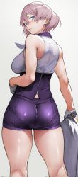 Rule 34 | 1girl, absurdres, ass, back, bare shoulders, blue eyes, breasts, gloves, gridman universe, highres, jacket, unworn jacket, leotard, light brown hair, looking at viewer, looking back, mujina, purple leotard, short hair, solo, ssss.dynazenon, thighs, white gloves, white jacket, yoshio (55level)