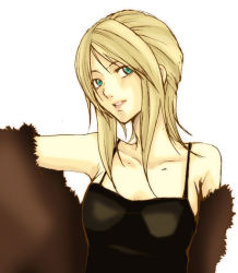 Rule 34 | 1girl, aya brea, bare shoulders, blonde hair, dress, female focus, green eyes, long hair, parasite eve, simple background, solo, white background, yinghua