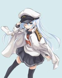 Rule 34 | 10s, 1girl, azuuru (azure0608), black thighhighs, blue background, blue eyes, borrowed clothes, clothes lift, hair over one eye, hat, hibiki (kancolle), jacket, jacket on shoulders, jpeg artifacts, kantai collection, long hair, looking at viewer, neckerchief, school uniform, serafuku, silver hair, skirt, skirt lift, smile, solo, thighhighs