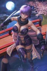 Rule 34 | 1girl, ayane (doa), breasts, cleavage, dead or alive, hybridmink, knees together feet apart, large breasts, looking at viewer, navel, ninja gaiden, ninja gaiden sigma 2, purple hair, revealing clothes, solo, tecmo, thigh strap