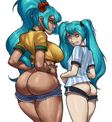 absurdres aqua_hair argentinian_miku ass ass_focus blush brazil brazilian_miku breasts butt_crack dark-skinned_female dark_skin earrings flag_print flower from_behind hair_ornament hatsune_miku highres jewelry large_breasts long_hair looking_back philip_grom presenting vocaloid