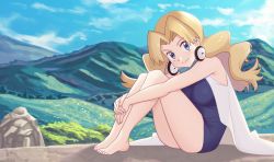 Rule 34 | 1girl, bare arms, barefoot, black dress, blonde hair, blue eyes, breasts, closed mouth, cloud, commentary, commission, creatures (company), day, dress, from side, game freak, gazing eye, highres, hugging own legs, long hair, looking at viewer, molly hale, nintendo, outdoors, parted bangs, pokemon, pokemon (anime), pokemon (classic anime), pokemon 3: the movie - spell of the unown: entei, sitting, sky, smile, solo, toes