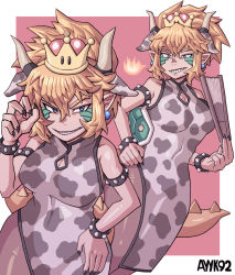 Rule 34 | 1girl, animal print, ayyk92, blonde hair, bowsette, chinese clothes, chinese zodiac, cow print, crown, horns, mario (series), new super mario bros. u deluxe, nintendo, pantyhose, solo, super crown, tail, year of the ox