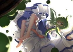 Rule 34 | 1girl, absurdres, apple, ass, backlighting, bare legs, barefoot, basket, blue skirt, blurry, blush, breasts, commentary request, depth of field, detached sleeves, food, foreshortening, from side, fruit, full body, green eyes, green hair, hair ornament, highres, kochiya sanae, long hair, long skirt, long sleeves, looking at viewer, looking to the side, medium breasts, midair, namatyaba, navel, outstretched arm, petticoat, simple background, skirt, snake hair ornament, solo, stomach, touhou, upskirt, very long hair, vest, white background, white vest, wide sleeves