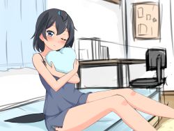 Rule 34 | 1girl, absurdres, bed, bedroom, black hair, blue eyes, blush, camisole, closed mouth, commentary, grey shirt, grey shorts, head wings, heart, heart-shaped pillow, highres, indoors, kemono friends, light frown, looking at viewer, hugging object, on bed, one eye closed, pillow, pillow hug, shiraha maru, shirt, short hair, shorts, sitting, sketch, sleepwear, solo, superb bird-of-paradise (kemono friends), wings