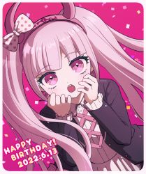 Rule 34 | 1girl, :o, artist name, black jacket, blush, border, bow, collared shirt, danganronpa (series), danganronpa another episode: ultra despair girls, dated, fake horns, hairband, happy birthday, horns, jacket, long hair, looking at viewer, mikao (eanv5385), open clothes, open jacket, open mouth, pink background, pink hair, pink hairband, polka dot, polka dot bow, shirt, solo, teeth, twintails, upper teeth only, utsugi kotoko, white border, white shirt