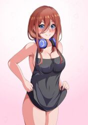 Rule 34 | 1girl, apron, blue eyes, blush, breasts, brown hair, cleavage, go-toubun no hanayome, large breasts, nakano miku, naked apron, solo, thighs, undressing