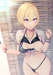 Rule 34 | 1girl, badge, bikini, bikini bottom aside, bikini top lift, black bikini, blonde hair, blush, breasts, button badge, censored, clothes lift, clothing aside, collarbone, collared shirt, hair between eyes, highres, idolmaster, idolmaster shiny colors, jewelry, looking at viewer, mosaic censoring, navel, necklace, nipples, obybuss, one breast out, open mouth, purple eyes, pussy, saijo juri, shirt, short hair, short sleeves, solo, swimsuit, tied shirt, white shirt