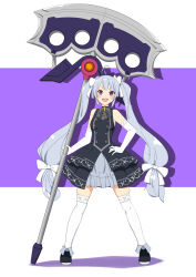 Rule 34 | 1girl, :d, absurdres, assault lily, axe, bare shoulders, battle axe, black dress, black footwear, black ribbon, blue bow, blunt bangs, bow, breasts, commentary request, dress, drop shadow, elbow gloves, frilled dress, frills, full body, gloves, grey dress, grey hair, grey ribbon, hair bow, hand on own hip, highres, holding, holding weapon, huge weapon, layered dress, legs apart, light blush, long hair, looking at viewer, miriam hildegard von gropius, neck ribbon, official alternate costume, open mouth, purple background, purple eyes, ribbon, see-through, senri (senri03151221), shoes, sleeveless, sleeveless dress, small breasts, smile, solo, standing, striped, striped ribbon, teeth, thighhighs, two-tone background, two-tone dress, two-tone ribbon, upper teeth only, v-shaped eyebrows, very long hair, weapon, white background, white gloves, white thighhighs