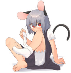 Rule 34 | 1girl, animal ears, barefoot, bloomers, blush, closed mouth, commentary request, dress, eyes visible through hair, feet, full body, greenpiecerice, grey dress, grey hair, hair between eyes, highres, holding sock, looking at viewer, medium bangs, mouse ears, mouse girl, mouse tail, nazrin, pinafore dress, red eyes, shirt, short hair, simple background, single sock removed, sitting, sleeveless, sleeveless dress, socks, solo, tail, toes, touhou, underwear, v-shaped eyebrows, white background, white bloomers, white shirt