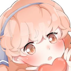 Rule 34 | 1girl, aone 9110, blush, brown eyes, curly hair, fire emblem, fire emblem echoes: shadows of valentia, genny (fire emblem), hairband, heart, nintendo, open mouth, pink hair, portrait, simple background, solo, white background