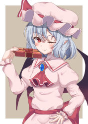Rule 34 | 1girl, ;), ascot, box, commentary request, gift, gift box, grey background, grey hair, hat, highres, holding, holding gift, juliet sleeves, long sleeves, looking at viewer, mizunisabano, mob cap, one eye closed, pink hat, pointy ears, puffy sleeves, red ascot, red eyes, remilia scarlet, short hair, simple background, smile, solo, touhou, upper body