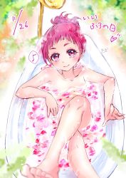 Rule 34 | 1girl, bare legs, bare shoulders, barefoot, bathing, bathtub, blush, closed mouth, collarbone, eyelashes, highres, hugtto! precure, looking at viewer, manekineko5319, musical note, nono hana, nude, pink hair, precure, red eyes, shiny skin, short hair, smile, solo, speech bubble, spoken musical note