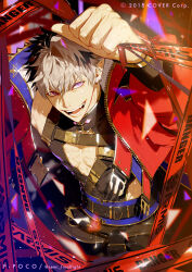Rule 34 | 1boy, artist name, belt, cleavage cutout, clothing cutout, coat, copyright name, crimzon ruze, earrings, evil grin, evil smile, fangs, grey hair, grin, hair between eyes, high collar, highres, holostars, holostars english, jewelry, light particles, looking at viewer, looking up, male focus, multicolored hair, multiple belts, muscular, muscular male, open clothes, open coat, open mouth, pectorals, pointy ears, purple eyes, red coat, semi (p-poco), smile, solo, standing, teeth, twitter username, two-tone hair, virtual youtuber