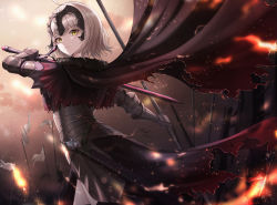 Rule 34 | 1girl, absurdres, ahoge, armor, armored dress, black armor, black cape, cape, cloud, cowboy shot, fate/grand order, fate (series), flag, gloves, headpiece, highres, holding, holding sword, holding weapon, huge filesize, jeanne d&#039;arc (fate), jeanne d&#039;arc alter (avenger) (fate), jeanne d&#039;arc alter (fate), k0a, looking at viewer, parted lips, scabbard, sheath, short hair, solo, standing, sword, torn cape, torn clothes, weapon, white hair, yellow eyes