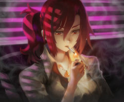 Rule 34 | 1girl, aozaki touko, cigarette, jewelry, kara no kyoukai, long hair, necklace, ponytail, red eyes, red hair, smoke, smoking, solo, visqi