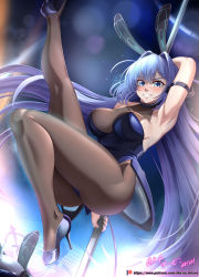 Rule 34 | 1girl, absurdly long hair, absurdres, animal ears, arm behind head, armpits, artist name, ass, azur lane, black hair, bodystocking, breasts, cleavage, fake animal ears, full body, high heels, highres, large breasts, leg up, lens flare, leotard, long hair, looking at viewer, new jersey (azur lane), new jersey (exhilarating steps!) (azur lane), official alternate costume, oversized breast cup, patreon username, playboy bunny, pole, pole dancing, presenting armpit, purple eyes, purple footwear, purple leotard, rabbit ears, see-through, see-through cleavage, shoes, smile, solo, stiletto heels, strapless, strapless leotard, stripper pole, teeth, very long hair, vilde loh hocen