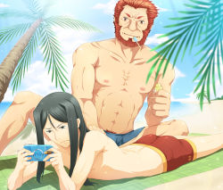 Rule 34 | 2boys, 33paradox, aged up, ass, bad id, bad pixiv id, beach, beard, black hair, blue male swimwear, blue swim trunks, brand name imitation, cigar, day, facial hair, fate/zero, fate (series), food, green eyes, handheld game console, iskandar (fate), jammers, long hair, lord el-melloi ii, male focus, male swimwear, manly, multiple boys, parted bangs, playing games, playstation portable, popsicle, red eyes, red hair, red jammers, red male swimwear, sweat, swim trunks, swimsuit, time paradox, waver velvet