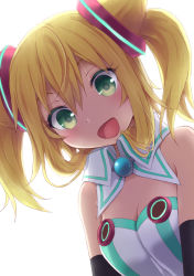 Rule 34 | 10s, 1girl, :d, bad id, bad pixiv id, bare shoulders, blonde hair, green eyes, hacka doll, hacka doll 1, open mouth, short hair, simple background, smile, solo, twintails, utsuro026, white background