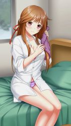 Rule 34 | 1girl, bare legs, bedroom, blush, bow, bow panties, breasts, brown hair, cleavage, closed mouth, collarbone, collared shirt, doukyuusei another world, dress shirt, drying, drying hair, game cg, hair ribbon, holding, holding towel, indoors, kakyuusei 2, large breasts, long hair, official art, on bed, panties, partially unbuttoned, purple panties, red bow, red eyes, red ribbon, ribbon, saimon tamaki, shiny skin, shirt, sitting, smile, solo, towel, underwear, very long hair, white shirt, wing collar