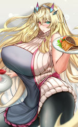 Rule 34 | 1girl, absurdres, alcohol, apron, blonde hair, blush, breasts, cup, drinking glass, barghest (fate), fate/grand order, fate (series), food, frilled apron, frills, gauntlets, green eyes, heterochromia, highres, huge breasts, kaoru1307, long hair, pantyhose, red eyes, ribbed sweater, single gauntlet, sleeveless, sleeveless sweater, sleeveless turtleneck, solo, sweater, tray, turtleneck, turtleneck sweater, wine, wine glass