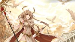 Rule 34 | 1girl, armlet, bird, breasts, brown hair, building, caesar (code:seed), cleavage, cloak, cloud, code:seed a song of spark, floating hair ornament, head wreath, holding, holding weapon, hood, hooded cloak, jewelry, large breasts, letter, long hair, medium breasts, non-web source, official art, open mouth, pendant, sidelocks, sky, smile, solo, staff, standing, sword, weapon, yellow eyes