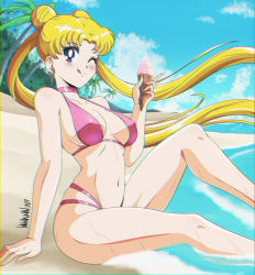 Rule 34 | 1girl, :d, absurdres, bare arms, bare shoulders, beach, bikini, bishoujo senshi sailor moon, blonde hair, blue eyes, breasts, closed mouth, collarbone, danmakuman, day, feet out of frame, food, highres, ice cream, ice cream cone, long hair, looking at viewer, medium breasts, navel, ocean, one eye closed, open mouth, outdoors, palm tree, pink bikini, sitting, smile, solo, swimsuit, tongue, tongue out, tree, tsukino usagi, twintails, wink
