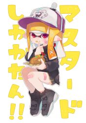Rule 34 | 1girl, absurdres, bandages, bandaid, bandaid on face, black footwear, black shirt, black shorts, blonde hair, collared shirt, colored tongue, earrings, food, hat, highres, holding, holding food, inkling, inkling girl, inkling player character, jewelry, long sleeves, looking at viewer, nintendo, pointy ears, purple headwear, red eyes, sahata saba, shirt, shoes, short shorts, shorts, sitting, sneakers, splatoon (series), tentacle hair, tongue, tongue out, white background, yellow tongue