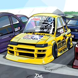 Rule 34 | car, chain-link fence, commentary, duz, english commentary, fence, highres, motor vehicle, nissan, nissan 180sx, no humans, original, outdoors, parking lot, race vehicle, racecar, sky, spoiler (automobile), sponsor, tamiya incorporated, toyota, toyota sprinter trueno, tree, vehicle focus